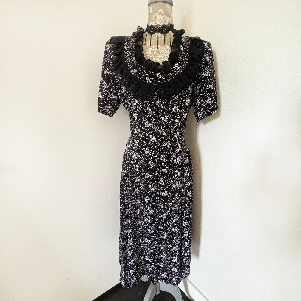 Vintage 90s Nostalgia Black Floral Print Prairie Dress, Rayon, Size M 11/12